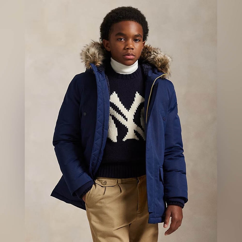 Polo Ralph Lauren Boys Navy Faux-Fur Trim Down Parka Coat Size M (10–12)
